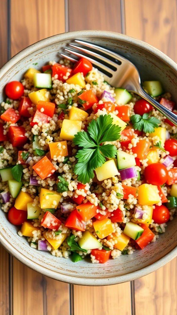 Healthy Quinoa Salad Recipe A colorful quinoa salad with bell peppers, cucumbers, tomatoes, and parsley in a rustic bowl on a wooden table.